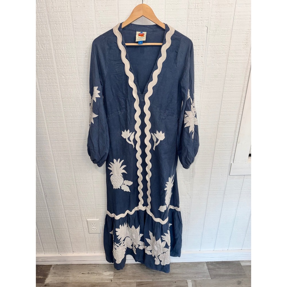 Farm Rio Maxi Dress Women Blue Embroidered Ric Rac Pineapple Size M